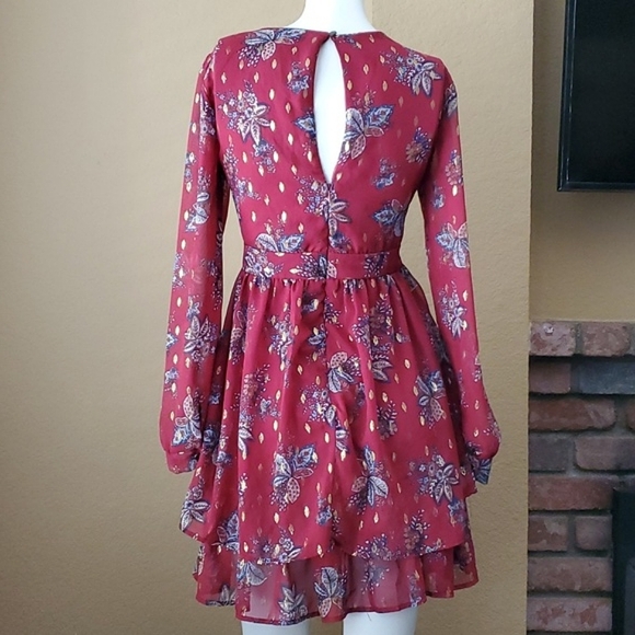 🆕FRANCESCA'S COLLECTION Mi Ami Burgundy V-Neck Floral Long Sleeve Dress SIZE: S - Picture 7 of 15